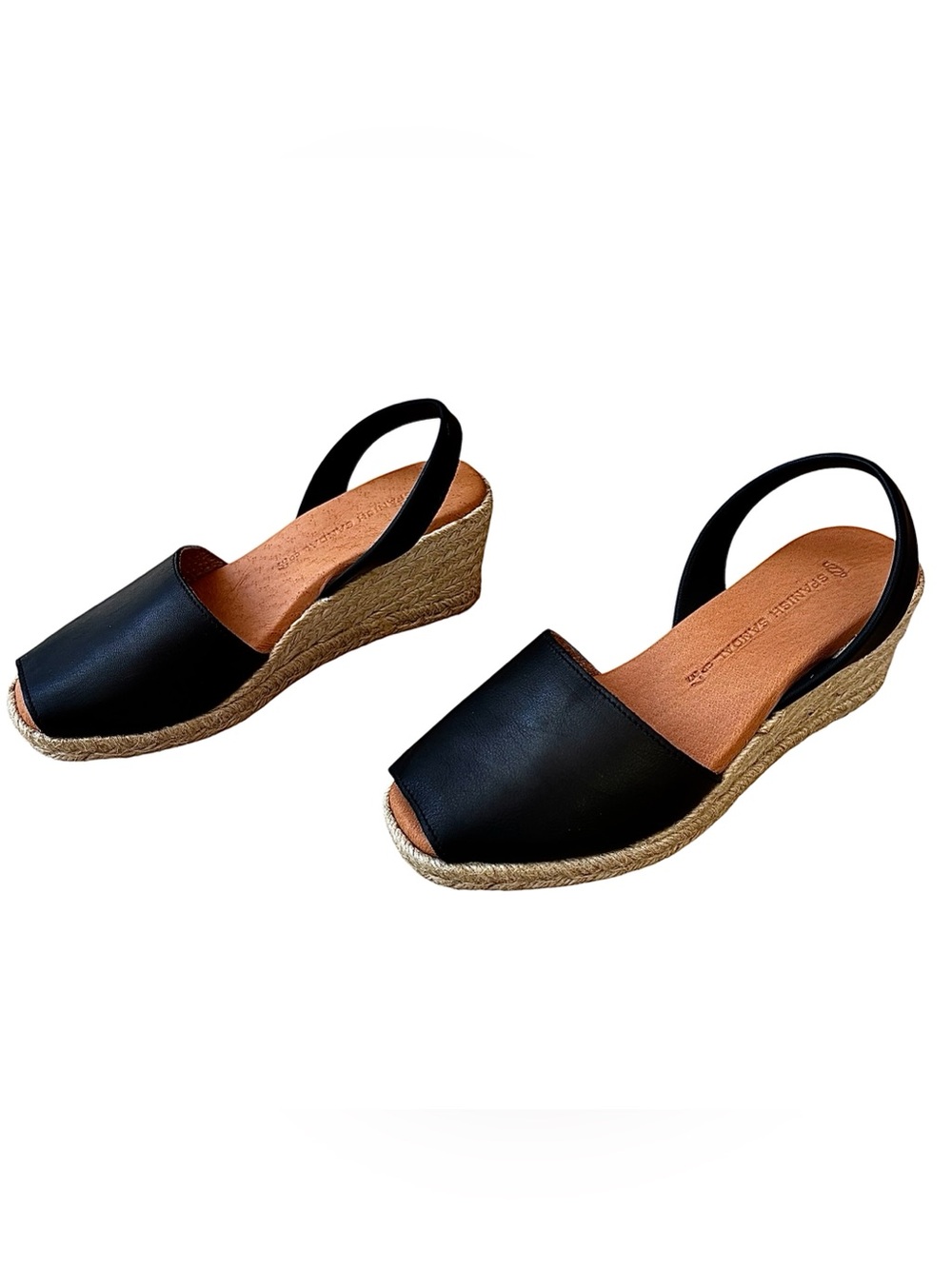 Nwob Spanish Sandal Co Black Leather Espadrille Wedge Sandals View 4